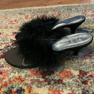 Black satin thong slide kitten heel with feathers